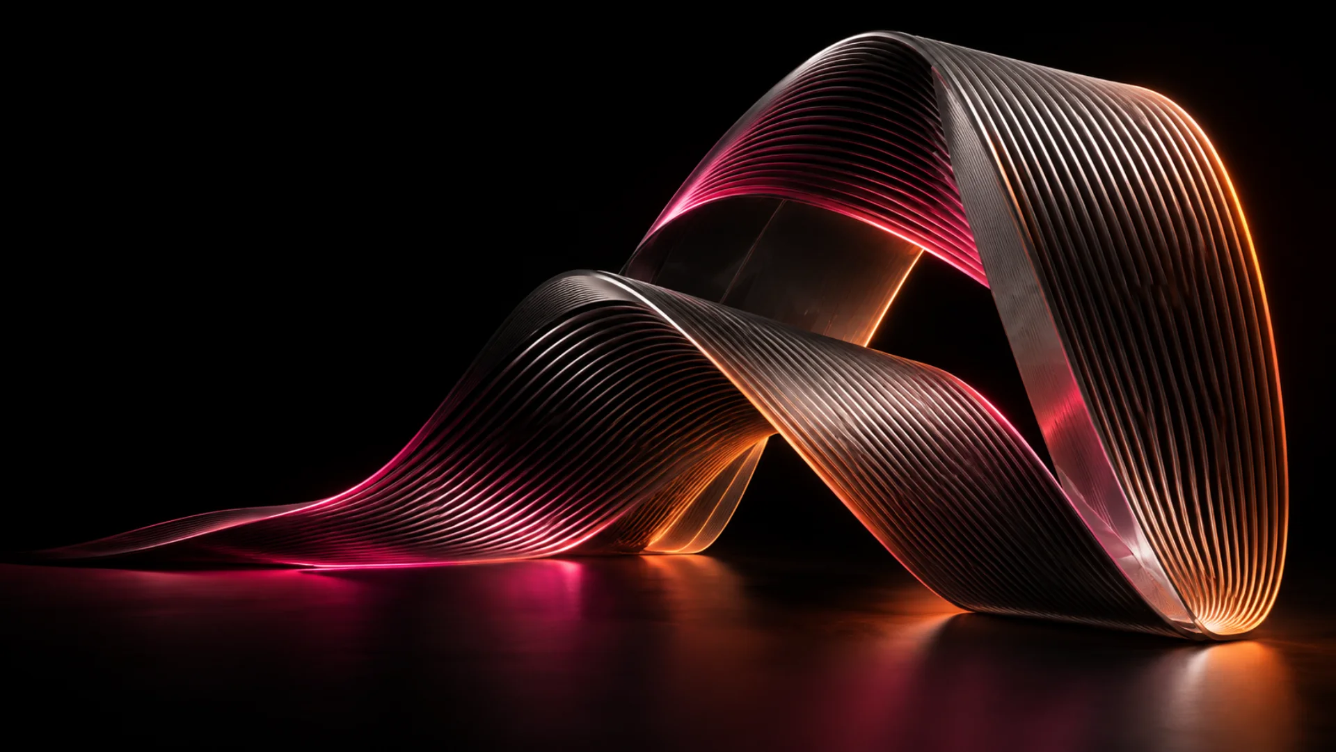 Sculptural folded ribbons forming a precise visual system in Enginecy pink and orange