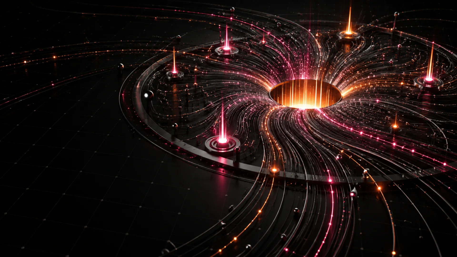 Signals converging through a luminous search aperture in Enginecy pink and orange